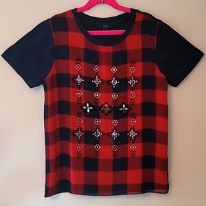 J.Crew Women's Red Sequin Embellished Tartan Short Sleeve Shirt, Size XS